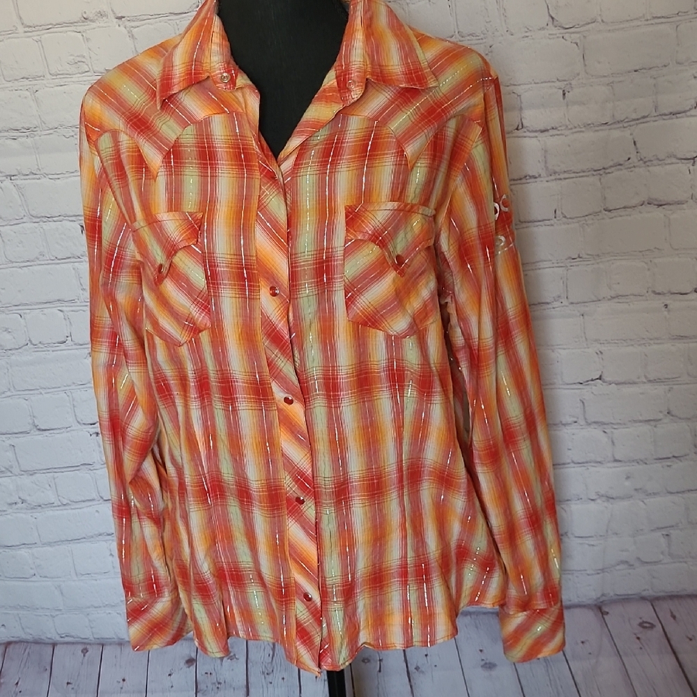 Roper Large Orange Plaid Snap Front Western Shirt Metallic Graphic Good Luck